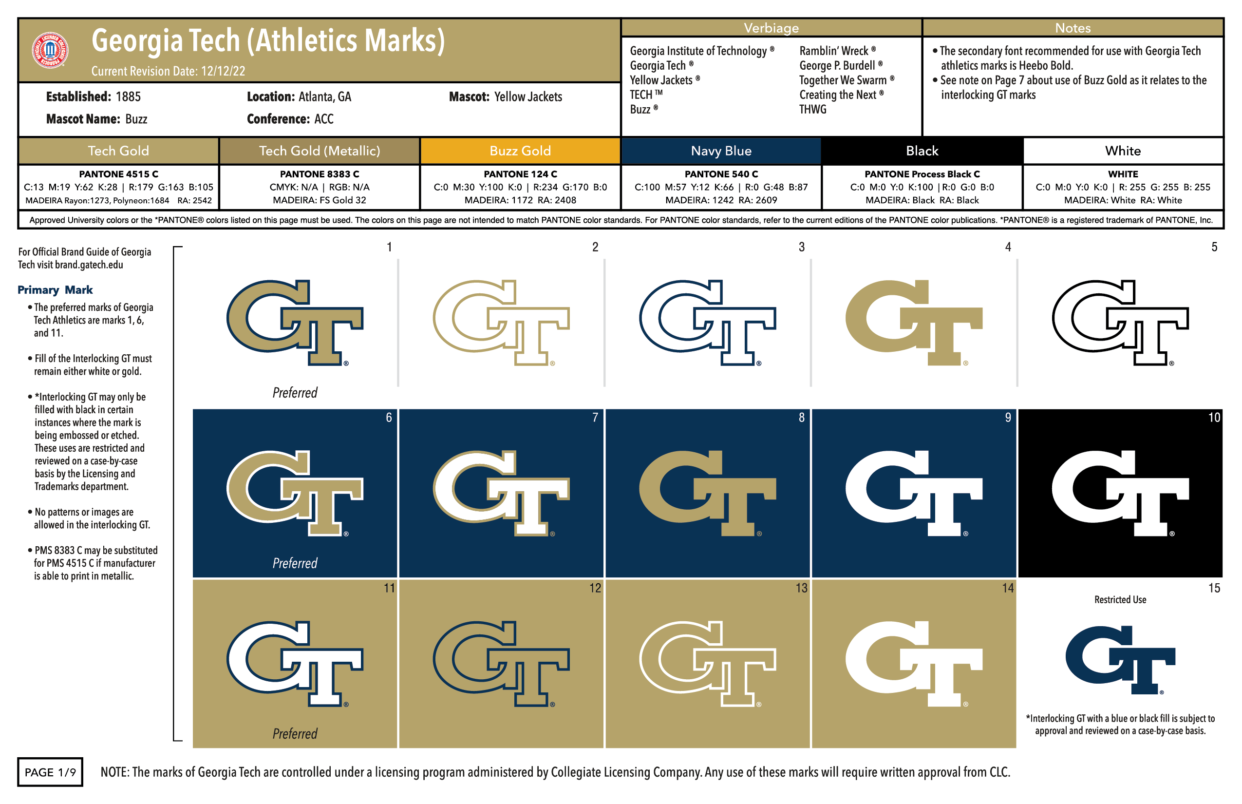 Athletic marks on the 1st page of the Georgia Tech logo artsheet 